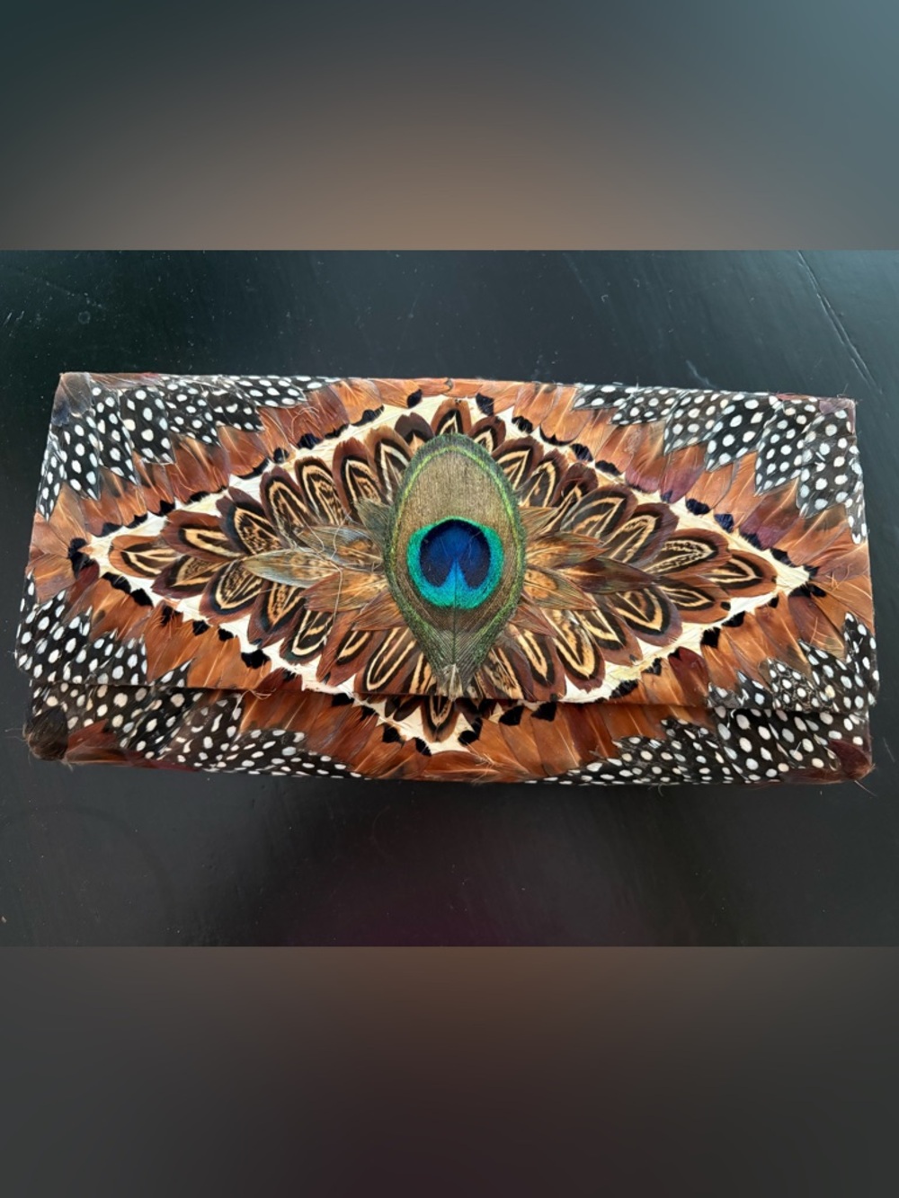Vintage Feather Clutch with Peacock Eye Accent - Brown & Teal